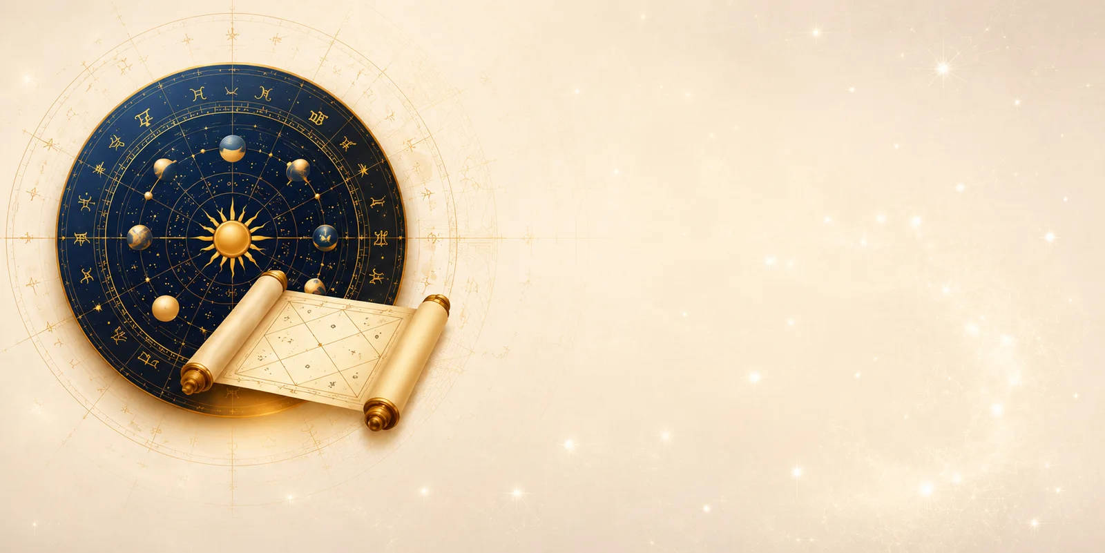 A Vedic birth chart manuscript beside a golden celestial wheel